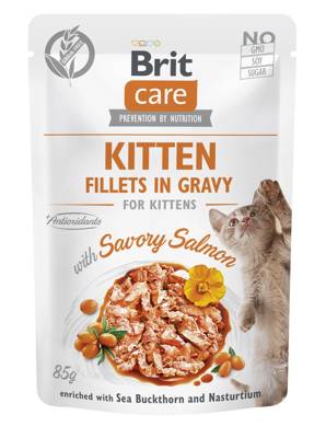 BRIT CARE Cat Kitten Fillets in Bratensoße mit herzhaftem Lachs, angereichert mit Sanddorn und Kapuzinerkresse 12x85g