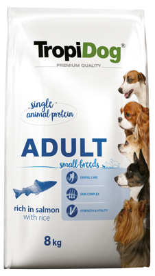TropiDog Premium Adult SMALL BREEDS – Rich in SALMON, with RICE 2x8kg 