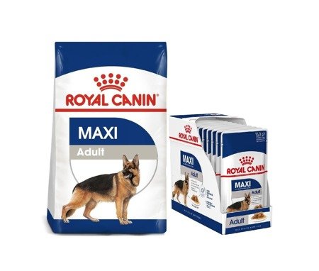 ROYAL CANIN Maxi Adult 15kg Trockenfutter für erwachsene Hunde bis 5 Jahre, große Rassen + Maxi Adult 10x140g