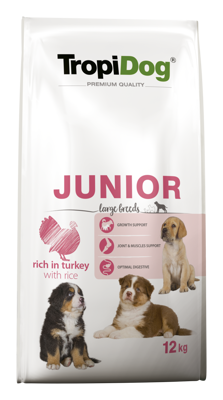 TROPIDOG Premium Junior L reich an Pute und Reis 12 kg + Überraschung für den Hund