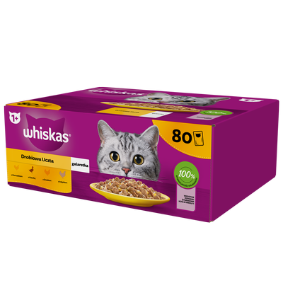 WHISKAS Adult Beutel 80 x 85 g Geflügelstückchen - Nassfutter für ausgewachsene Katzen in Gelee (Stückchen mit: Huhn, Ente, Geflügel, Pute)